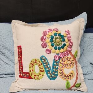 Boho Throw Pillow Colorful Flowers And  Polka Dots Canvas Linen Throw Pillow